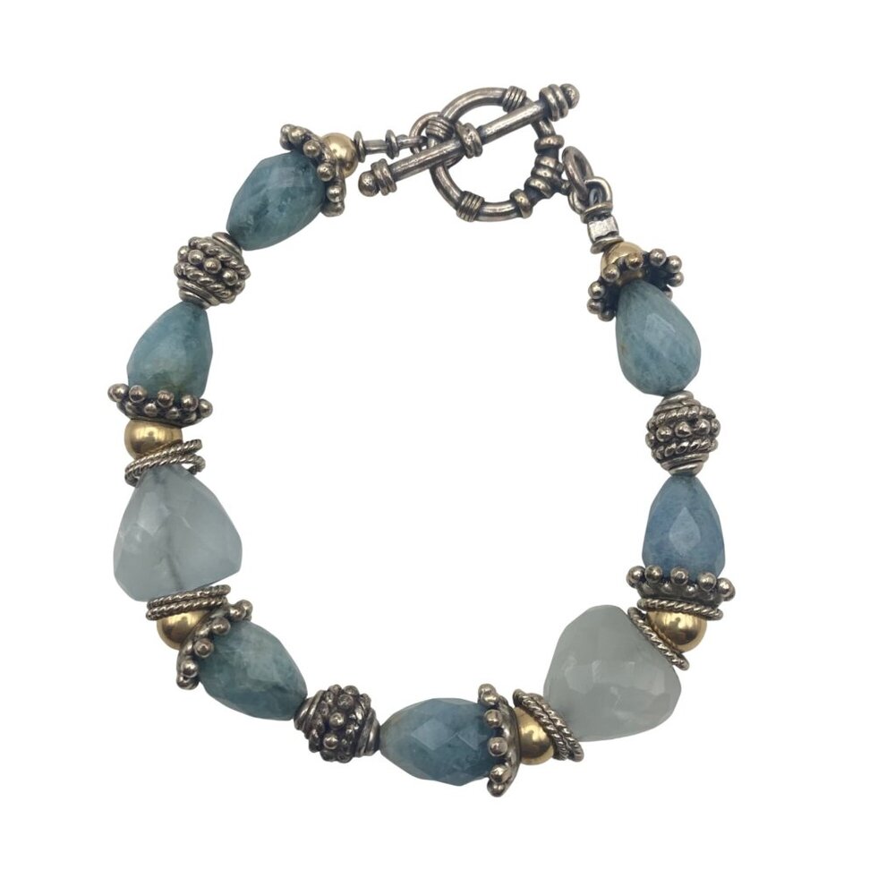 Sterling Silver & Vermeil Toggle Bracelet Blue Chalcedony Beads 6.5" 25.99g